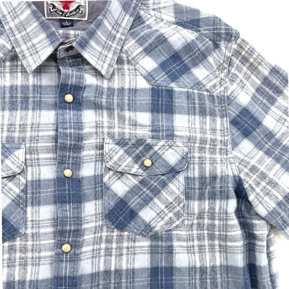 Desert Son Flag & Anthem Mens Western Shirt L Blue Plaid Pearl Snap Short Sleeve
